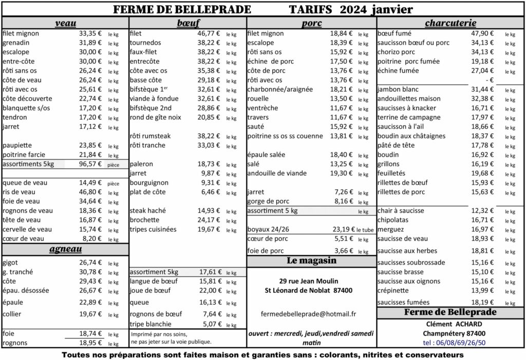 Tarifs 2024